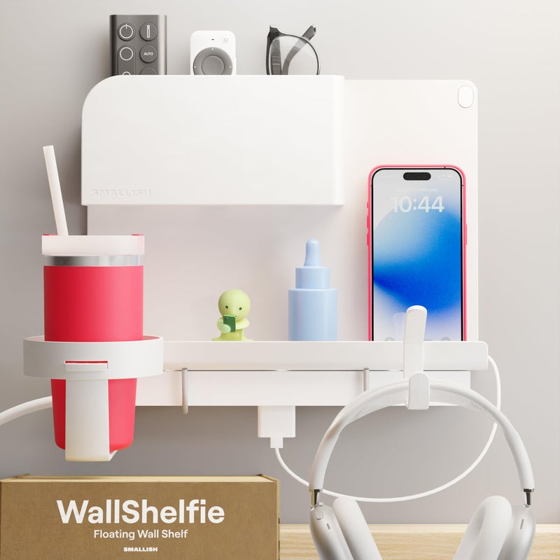 WallShelfie منظم حائط بجانب السرير، أرفف عائمة بجانب السرير، ملحقات أساسية للتركيب على الحائط لديكور الغرفة، منظم مكياج، حامل للتحكم عن بعد، أبيض - Image 1